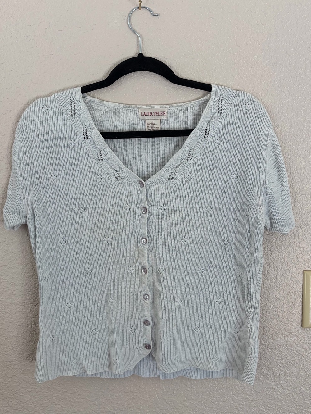 Laura Tyler Pale Blue Short Sleeve Button-Front Knit Top